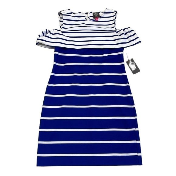 Vince Camuto Dress Women's 6 Blue White Striped Cold Shoulder Midi NWT - Picture 4 of 16